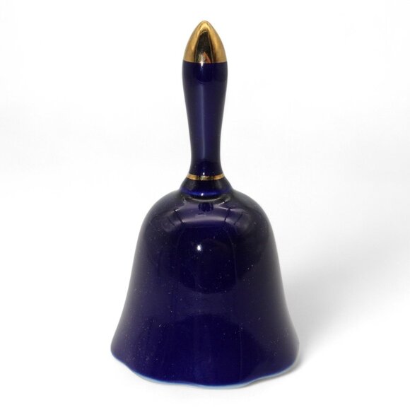 Vintage Cobalt Blue Porcelain Bell W/ Gold Trim & Peacock Design Japan #154 - Picture 3 of 5